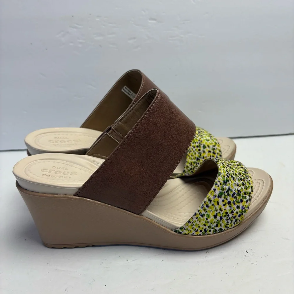 CROCS Leigh II Brown and Yellow Wedge Sandals size 10